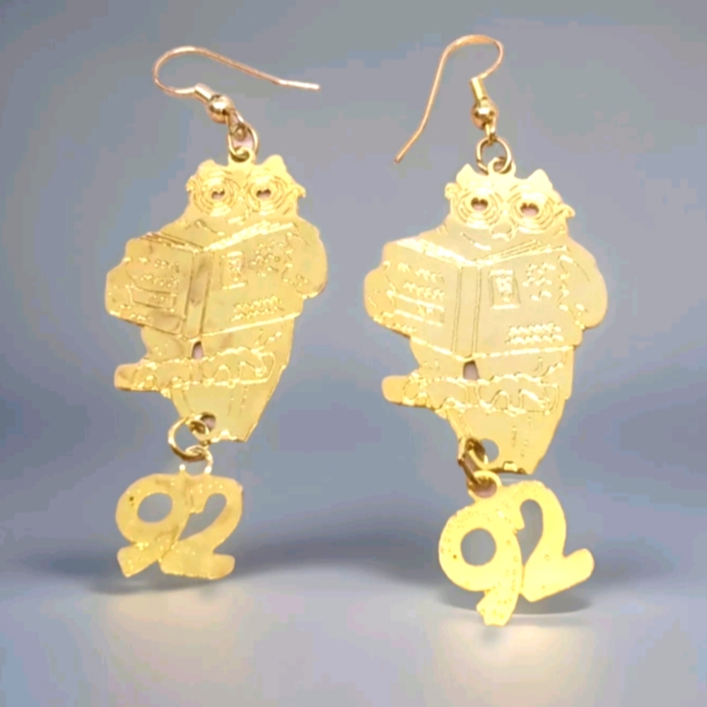 Owl W/ Book Pierced Earrings Gold tone Bird Cut Out Metal Articulated Dangle 2"
